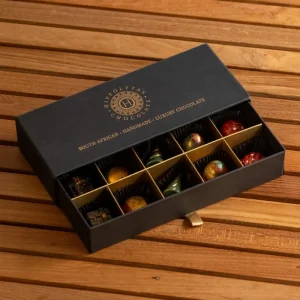 Hippolytas Chocolate 10 piece gift drawer, open to show ten handmade chocolates