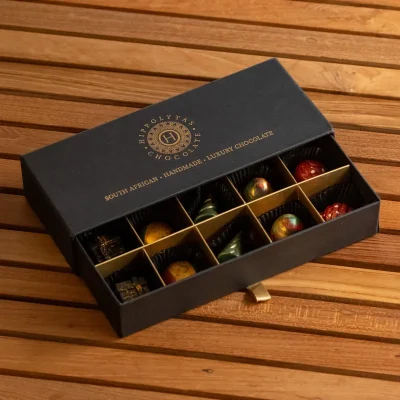 Hippolytas Chocolate 10 piece gift drawer, open to show ten handmade chocolates