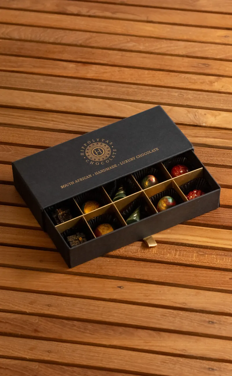Hippolytas Chocolate 10 piece gift drawer, open to show ten handmade chocolates