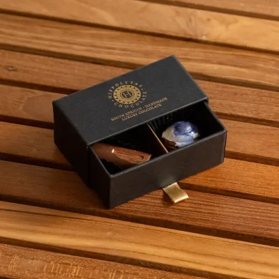Hippolytas Chocolate 2 piece gift drawer, open to show two handmade chocolates