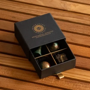 Hippolytas Chocolate 4 piece gift drawer, open to show four handmade chocolates