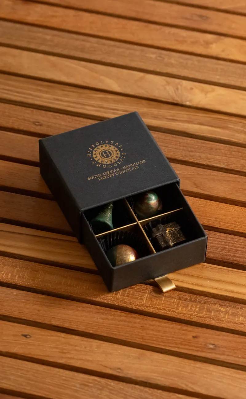 Hippolytas Chocolate 4 piece gift drawer, open to show four handmade chocolates