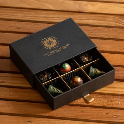 Hippolytas Chocolate 6 piece gift drawer, open to show six handmade chocolates
