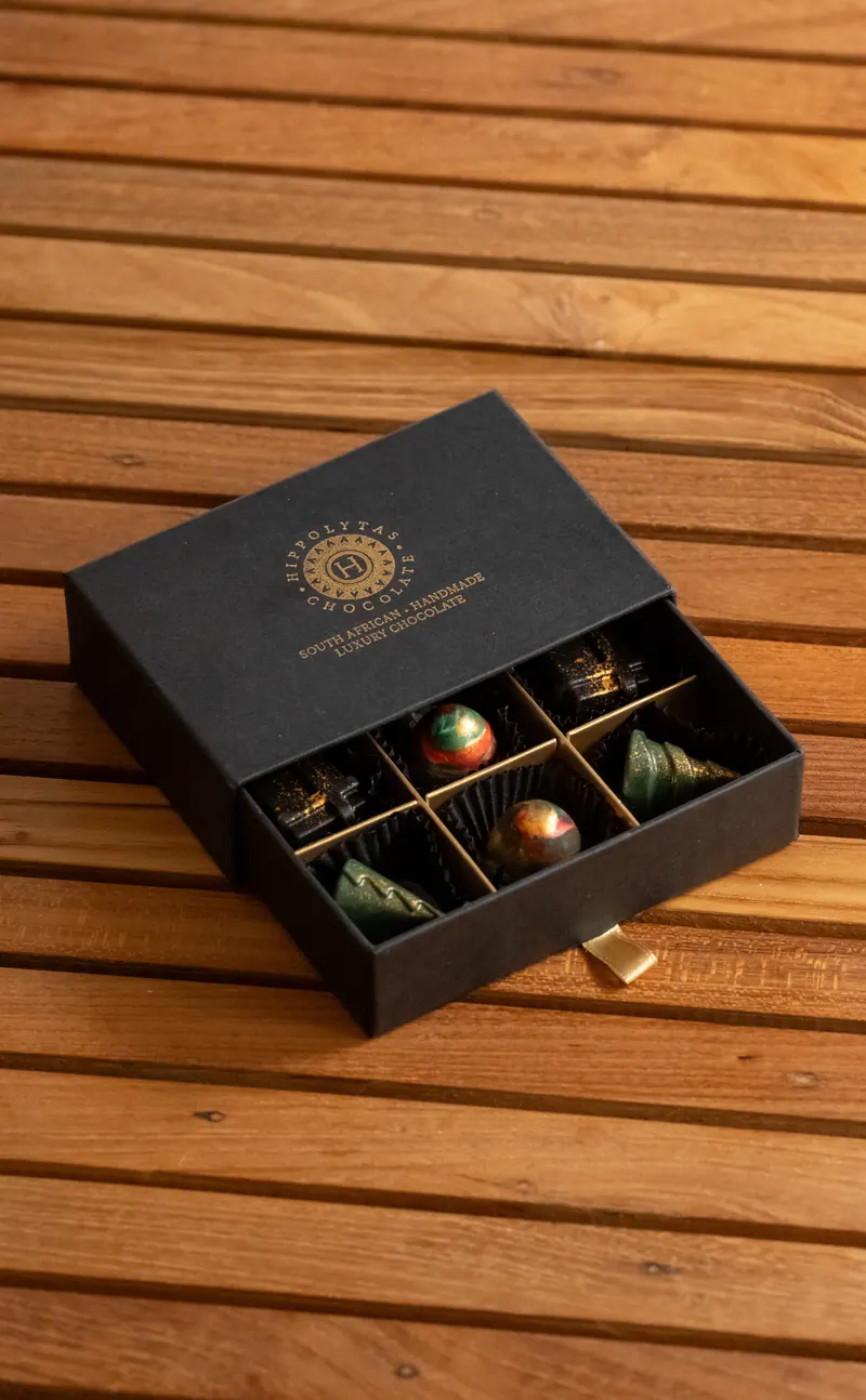 Hippolytas Chocolate 6 piece gift drawer, open to show six handmade chocolates